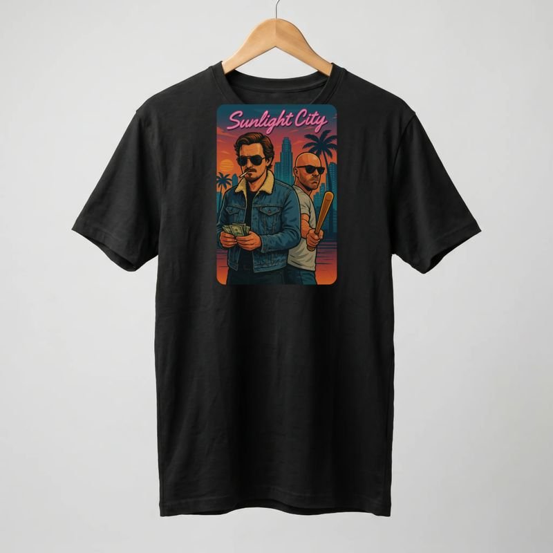 Black tee printed with two characters, one holding cash and one holding a bat, under Sunlight City script