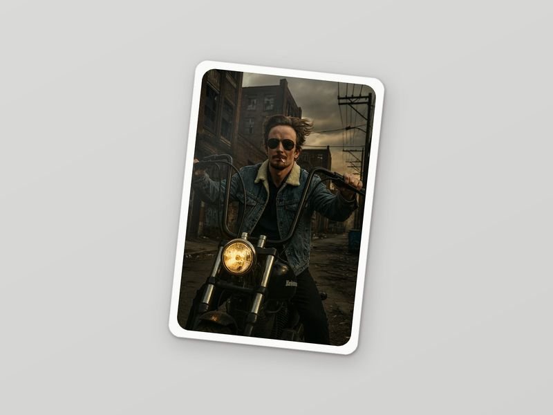Sticker: a rider in aviators on a chopper in a brick alley