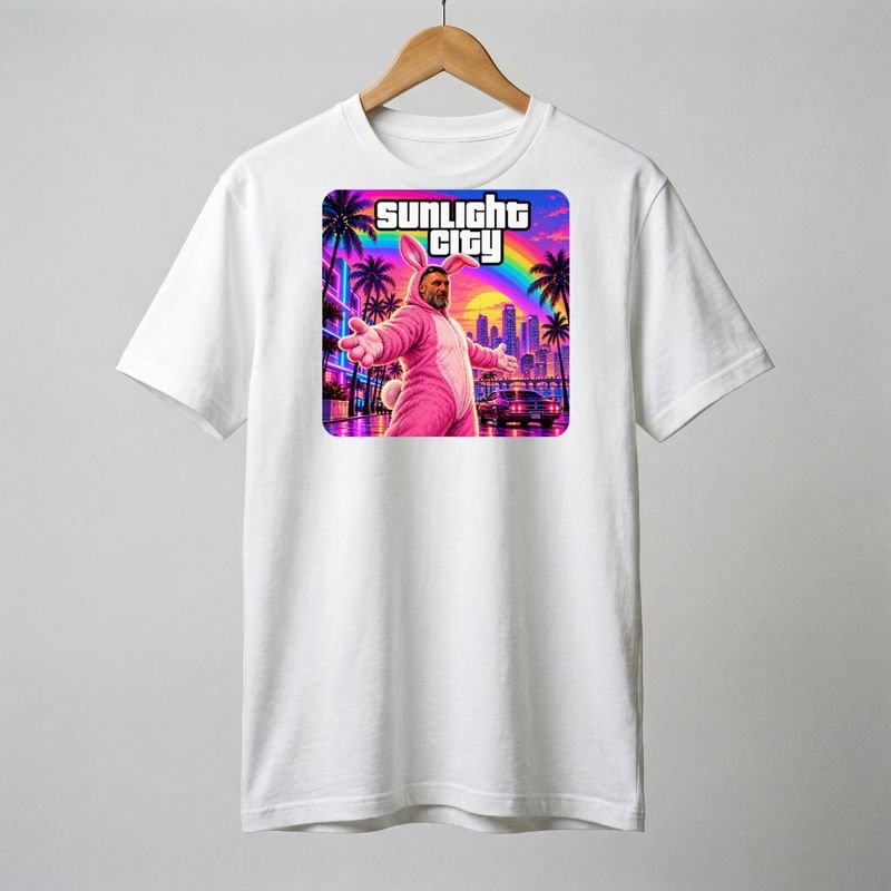 White tee printed with a man in a pink bunny suit in front of a sunset city skyline with palm trees and Sunlight City lettering