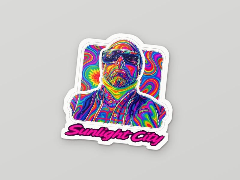 Sticker: a bearded portrait in wraparound shades on a rainbow swirl, with Sunlight City lettering
