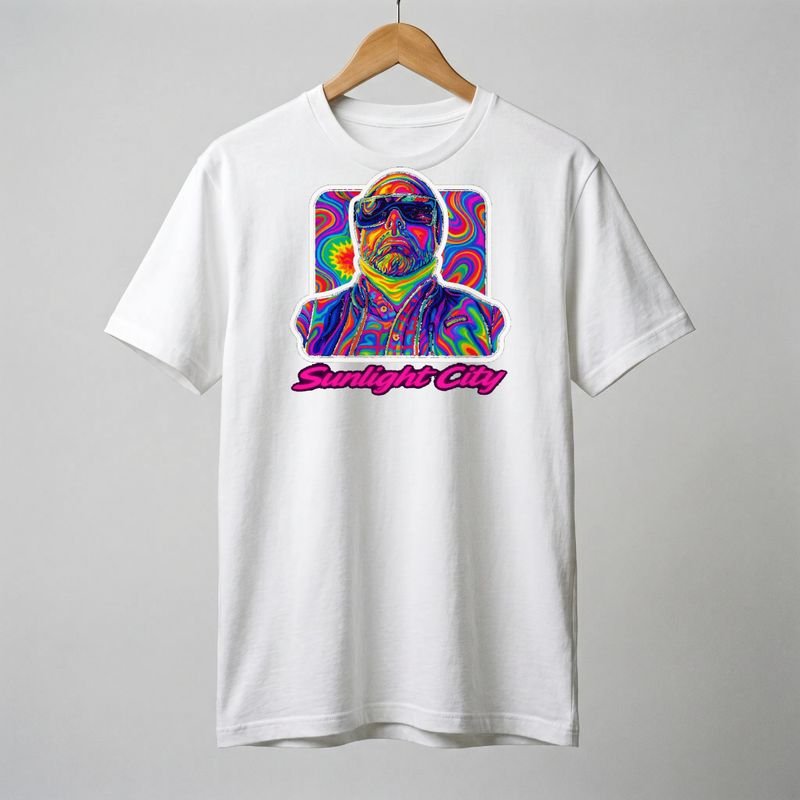 White tee printed with the rainbow swirl portrait and Sunlight City lettering